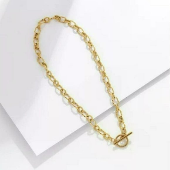 18k Gold Plated Stainless Steel Chunky Chain Choker Necklace Toggle Clasp 17in - Picture 2 of 5
